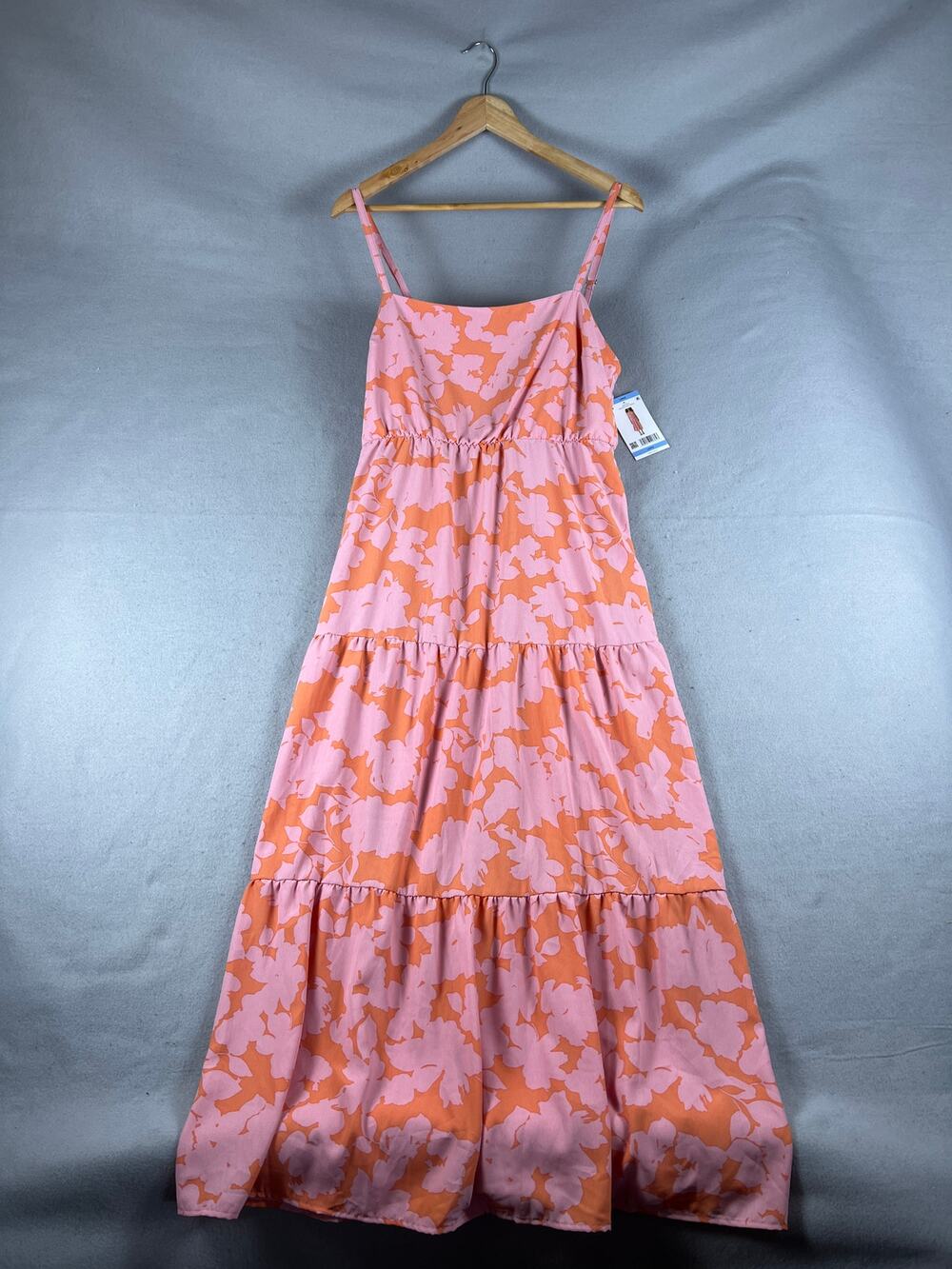 Social Standard by Sanctuary Midi Dress Women L Pink Orange Floral Tiered Summer